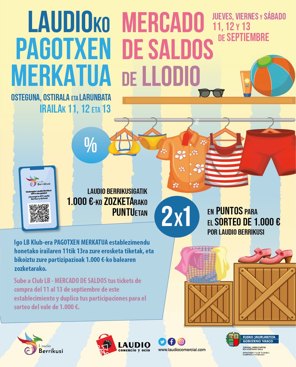 Ostegun honetan Laudioko Pagotxen Merkatua hasiko da! Hiru egunez produkturik onenak aurkituko dituzu eskandaluzko prezioetan.
¡Este jueves comienza el Mercado de Saldos en Llodio! Durante 3 días encontrarás los mejores productos a precios de escándalo.
laudiocomercial.com/es/nueva-edici…