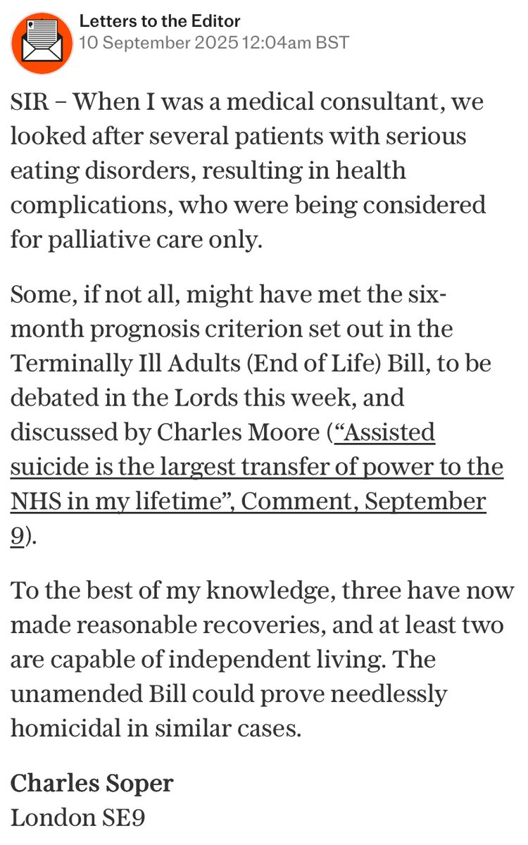 “Needlessly homicidal”. Consultant nephrologist Dr Charles Soper on the assisted suicide bill in today’s Telegraph:
