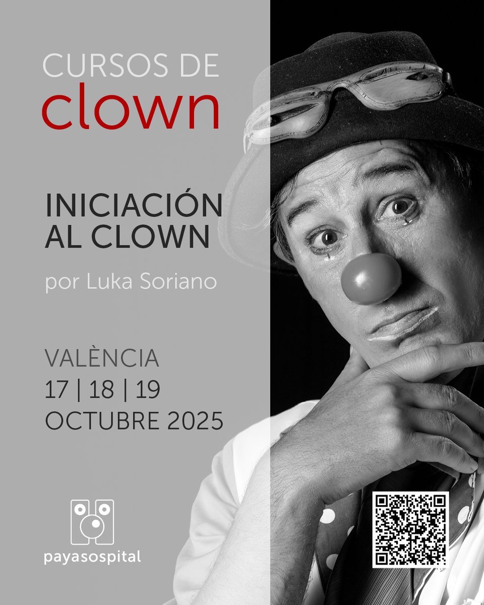 El último trimestre del año ofreceremos tres #cursosdeclown para no iniciados, impartidos por Luka Soriano, Haydeé Bañales y Sergio Claramunt. El primero de ellos es del 17 al 19 de octubre: Iniciación al Clown: payasospital.org/tienda-payasos…