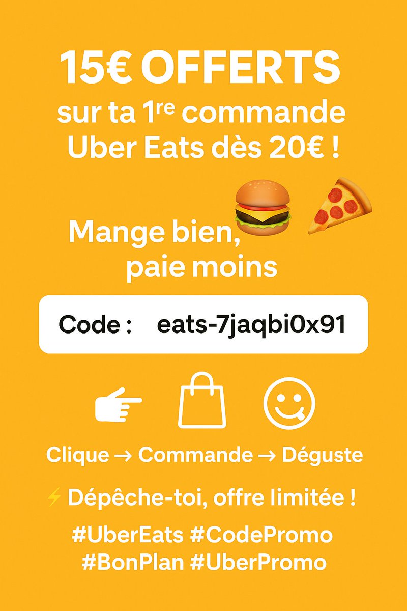 MoonHomeless's tweet image. 🎉 15€ OFFERTS sur ta 1ʳᵉ commande Uber Eats dès 20€ ! 🍔🍕
💸 Mange bien, paie moins
🔑 Code : eats-7jaqbi0x91

📲 Clique → Commande → Déguste 😋
⚡ Dépêche-toi, offre limitée !

#UberEats #CodePromo #BonPlan #UberPromo