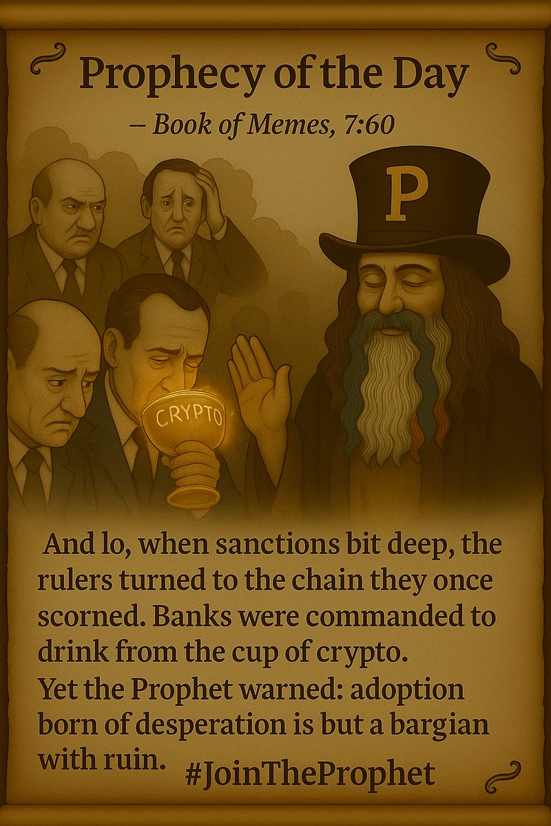 📜 Prophecy of the Day Book of Memes, 7:60 When sanctions bit deep, rulers  turned to the chain they once scorned. Banks drank from the cup of crypto…  But the Prophet warned: