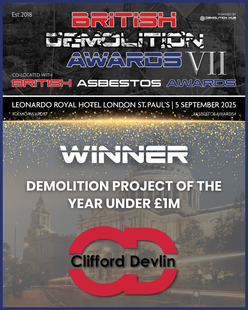 BritDemoAwards's tweet image. WINNERS 🤩 

Demolition Project of the Year over £1m – DSM Demolition 

Demolition Project of the Year under £1m – Clifford Devlin

#demoawards7 #demolition
