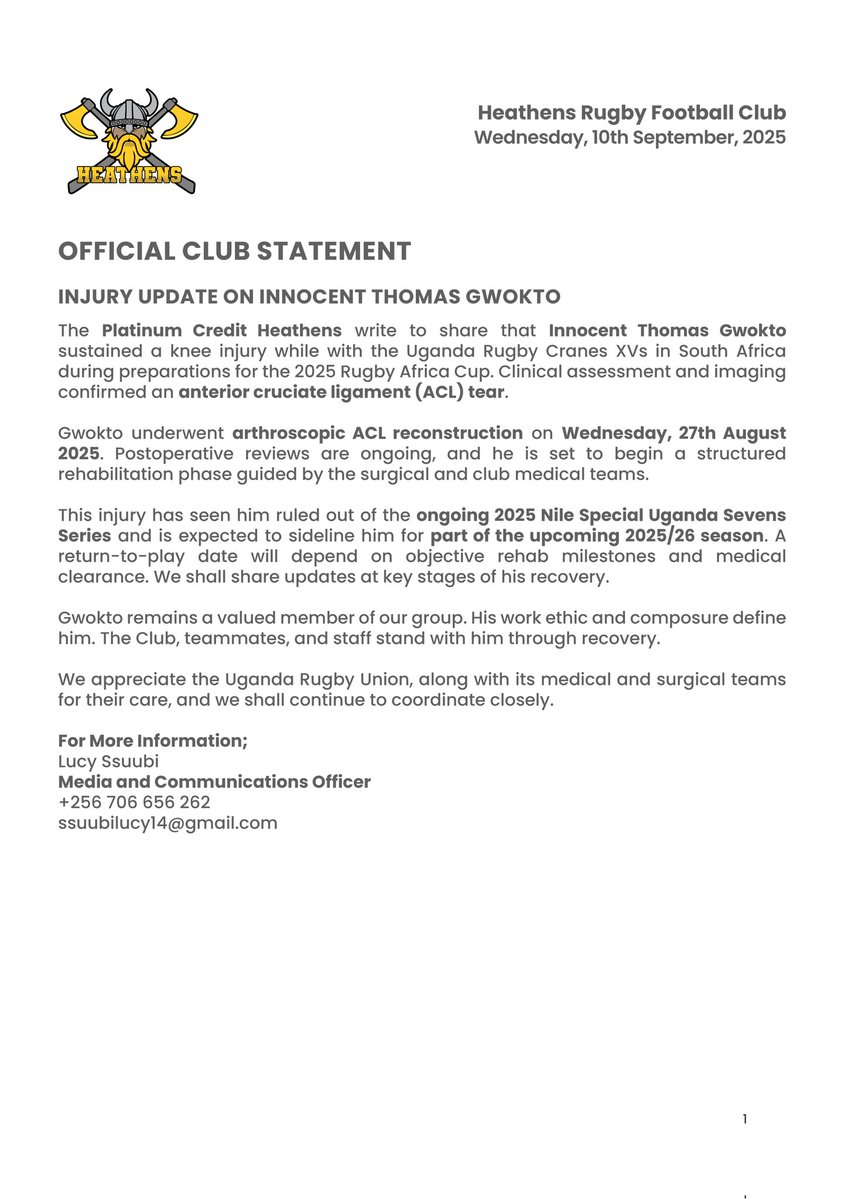 𝐈𝐍𝐉𝐔𝐑𝐘 𝐔𝐏𝐃𝐀𝐓𝐄!

Innocent Gwokto underwent ACL reconstruction on Wednesday, 27th August, 2025, after an injury with the national team in South Africa. 

He has been out of the #NileSpecialUganda7s so far and will miss part of 2025/26 season while he rehabs. We stand