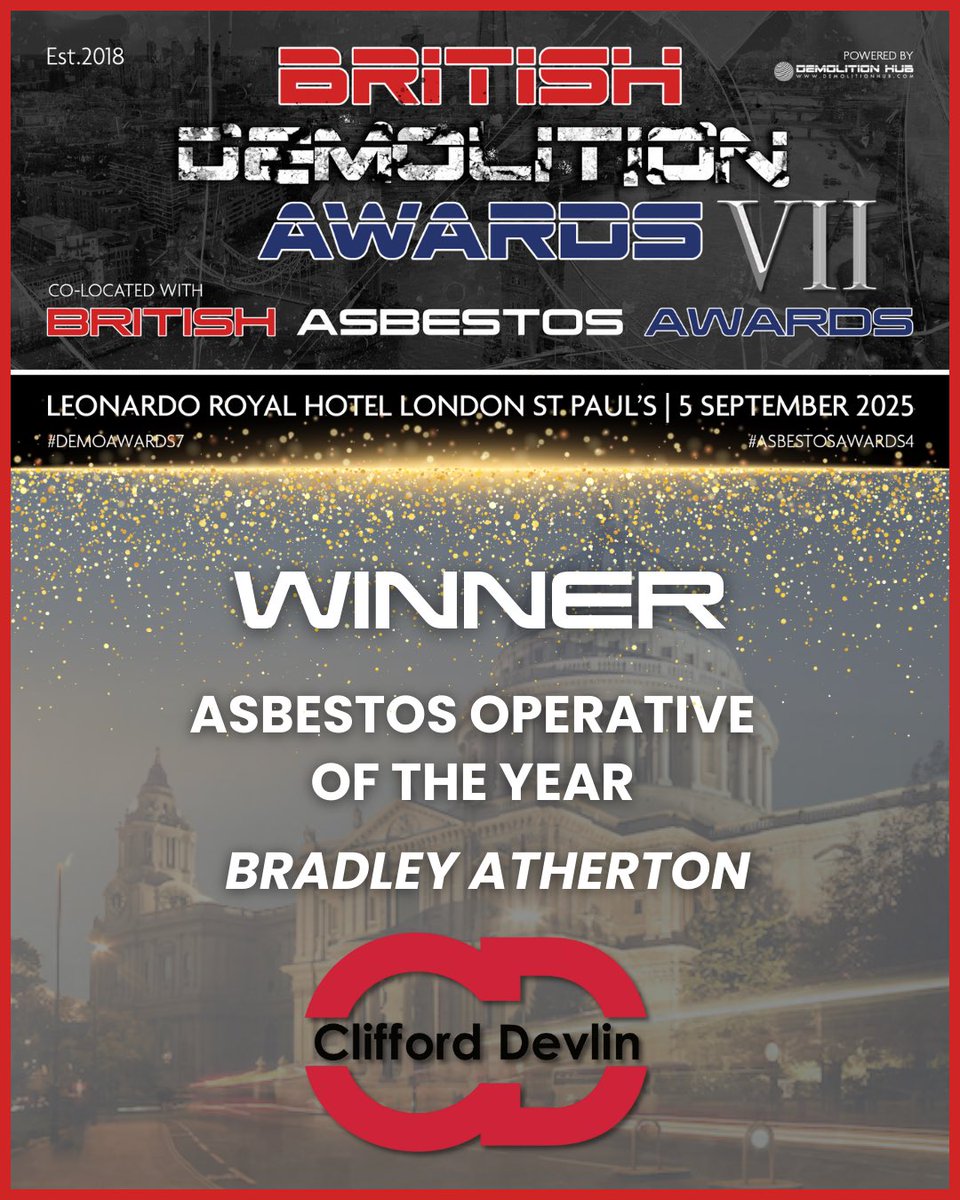 BritDemoAwards's tweet image. WINNERS 🤩

Asbestos Removal Project of the Year – Omega Environmental Services Ltd

Asbestos Industry Supplier of the Year – SMH Products 

Asbestos Removal Contractor of the Year – Safe Asbestos Removal Ltd

Asbestos Operative of the Year – Bradley Atherton from Clifford Devlin