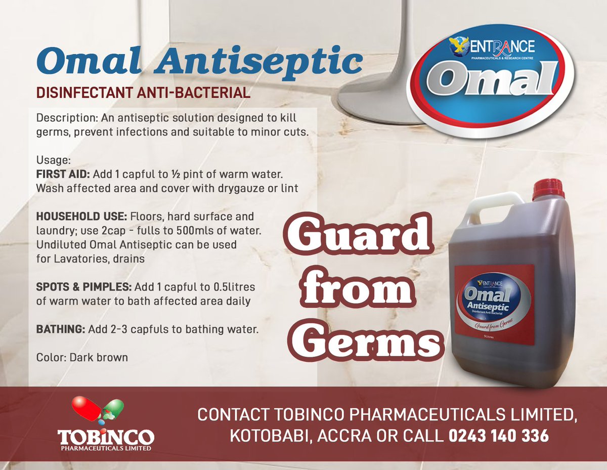 Tobincopharmacy's tweet photo. OMAL Antiseptic: Guard against germs.
#Omal #antiseptic #tobinco #germs https://t.co/lOvaEr1Zcx