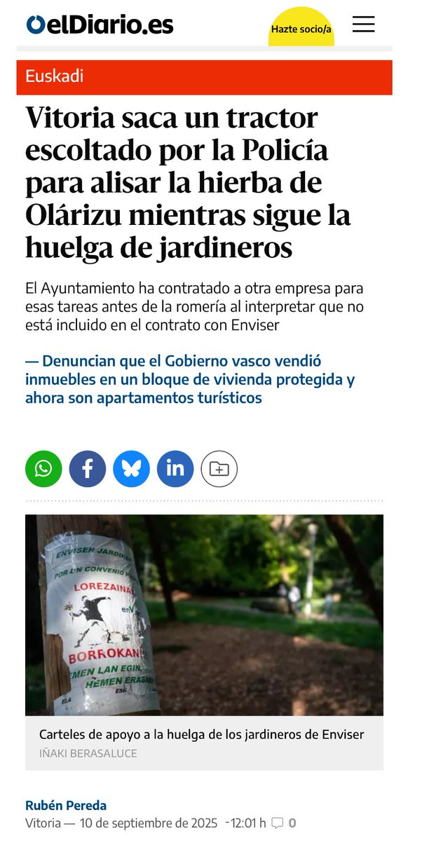 Que el Ayuntamiento escolte un tractor para maquillar #Olarizu antes de la romería del lunes es vergonzoso. 

Se vulnera el derecho a huelga y se añade otra capa de cosmética a la gestión del gobierno PSE–PNV, que sigue mirando hacia otro lado en lugar de afrontar los problemas.