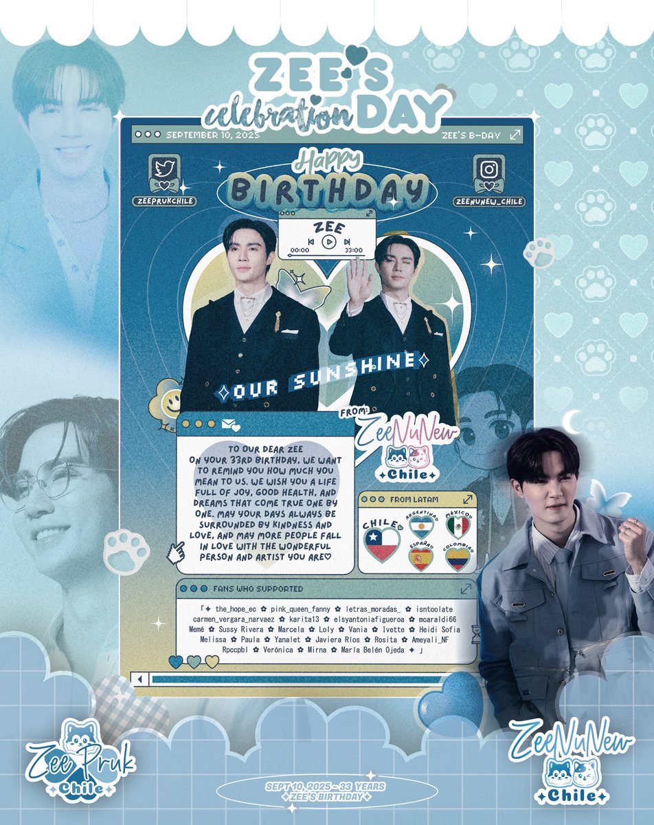 ZeePrukChile's tweet photo. Happy Birthday to our beloved @zee_pruk! From the other side of the world, we’re sending you a piece of our love~ 🌎💙 No matter the distance, we’ll always be here, supporting you with all our hearts and feeling so proud of you ♡🐺🦋

#HappyShiningZeeDay #ZeePruk #Zunshine #ซนซน https://t.co/17M6NZj4Q6