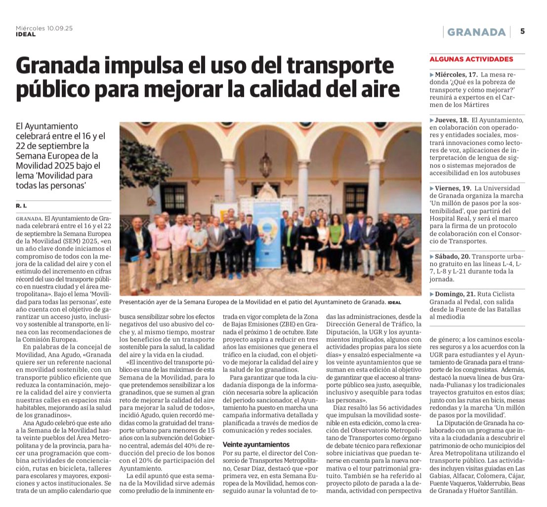 Semana Europea de la Movilidad. El <a href="/CTransporte_GR/">Consorcio de Transporte Metropolitano Granada</a> impulsa un programa de actividades bajo el lema “Movilidad para todas las personas”, con el objetivo de garantizar un transporte justo, inclusivo, asequible y seguro. <a href="/FomentoAND/">Consejería de Fomento de la Junta de Andalucía</a> comprometido con la sostenibilidad