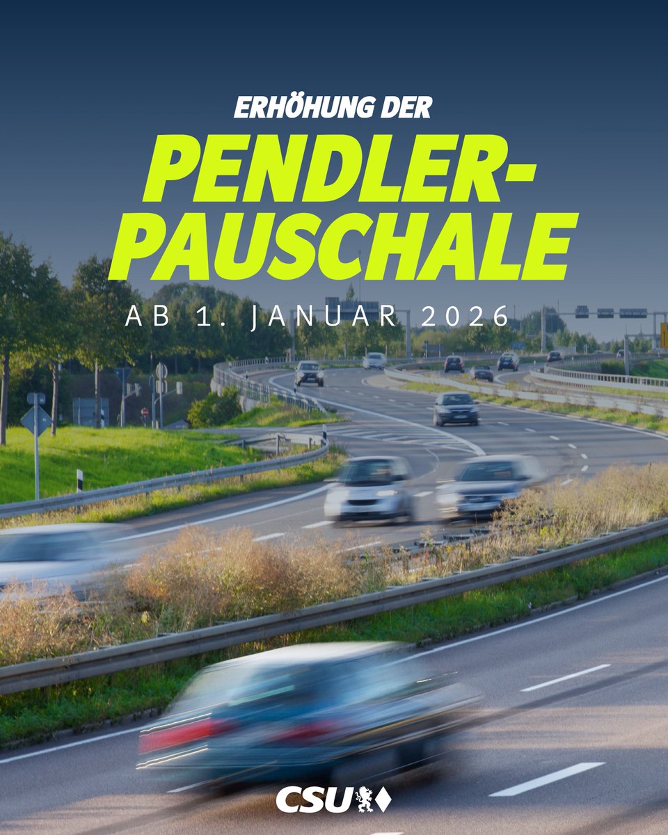 Wir entlasten unsere Arbeitnehmerinnen und Arbeitnehmer: Ab dem 01.01.2026 wird die #Pendlerpauschale dauerhaft auf 38 Cent ab dem ersten Kilometer erhöht. Gerade für den ländlichen Raum ist das eine wichtige Entlastung. Und klar ist: Die Pauschale gilt für alle Pendler – egal ob