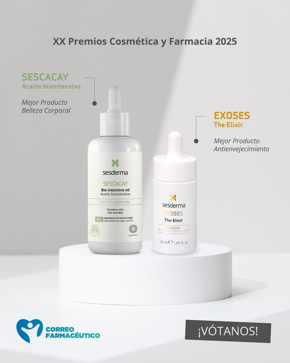 🏆 Estamos nominados en los Premios Cosmética y Farmacia 2025💙

🔹 EXOSES The Elixir compite en la categoría Mejor producto antienvejecimiento
🔹 SESCACAY Aceite Biointensivo en Mejor producto de belleza corporal

👉 Vota por tus favoritos en el link de la bio

 #premios