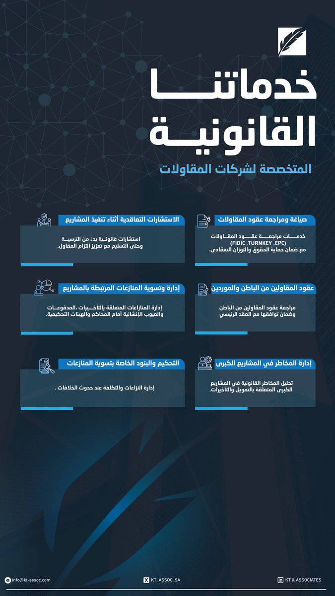 KT_ASSOC_SA's tweet photo. خدمات قانونية متكاملة في قطاع المقاولات تشمل مراجعة العقود والاستشارات أثناء التنفيذ وإدارة وتسوية المنازعات لضمان حماية مصالح عملائنا واستقرار مشاريعهم. https://t.co/t8UhJoAfpR