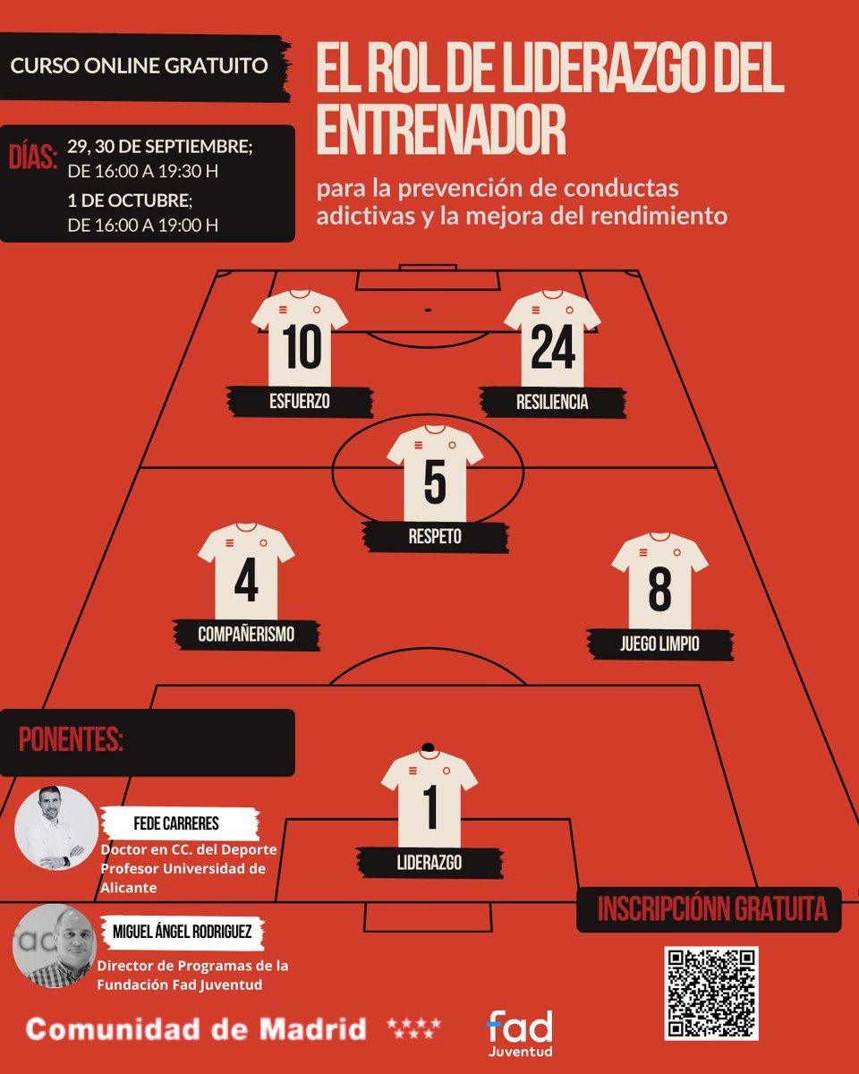📣 NUEVO CURSO ONLINE GRATUITO
EL ROL DE LIDERAZGO DEL ENTRENADOR
para la prevención de conductas adictivas y la mejora del rendimiento deportivo ⚽🏀🏐
👉 Inscripción gratuita en: comunidad.madrid/cultura/deport…