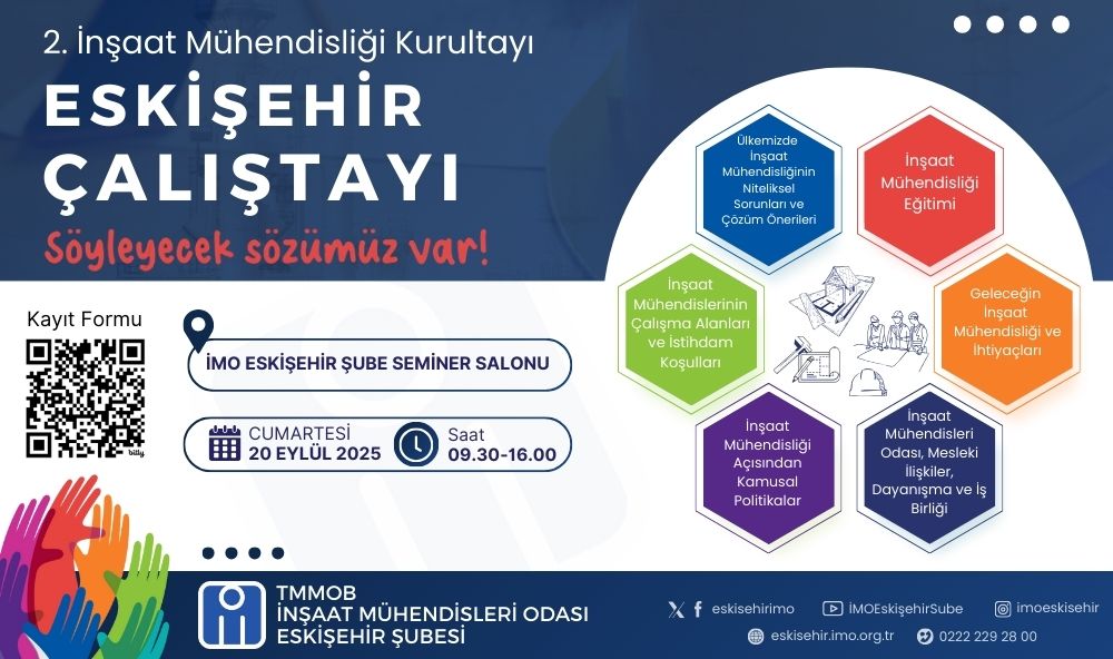 Değerli Üyelerimiz, İnşaat mühendisliği mesleğinin mevcut sorunlarının tüm yönleriyle ele alınacağı 2.İnşaat Mühendisliği Kurultayı Eskişehir Çalıştayı 20 Eylül 2025 Cumartesi günü 09.30'da Şubemizde yapılacaktır. 
Mesleğimizin mevcut durumu ve sorunları belirlenerek, çözüm