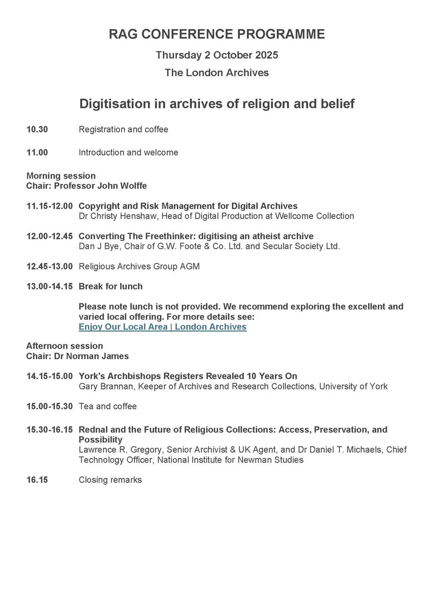 We now have the programme finalised for our conference in October. 

Join us <a href="/TheLdnArchives/">The London Archives</a> to hear about #archives and #digitisation from:
<a href="/ExploreWellcome/">Wellcome Collection</a> 
<a href="/FreethinkerMag/">The Freethinker</a> 
<a href="/UoYBorthwick/">UoY Borthwick Institute for Archives</a> 
National Institute for Newman Studies

ticketlab.app/event/31944-Re…