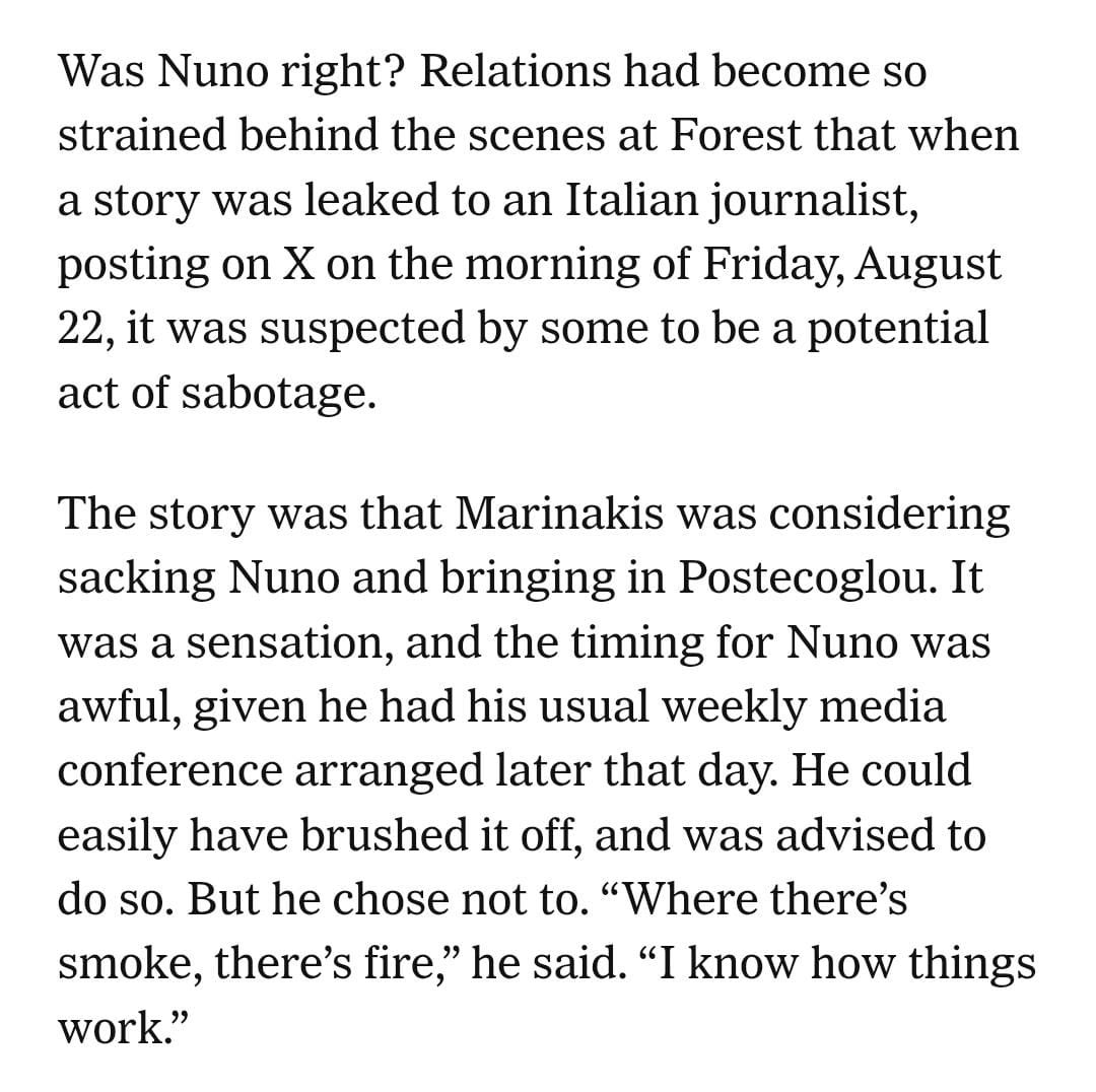 Hi guys just messaging from my villa to deny any involvement in getting a fine man and pal Nuno fired from Notts Forest. This was from The Athletic today, again a good bunch of pros over there, just don’t want any wrong assumptions on our 22 Aug story, which we stand by. LC.