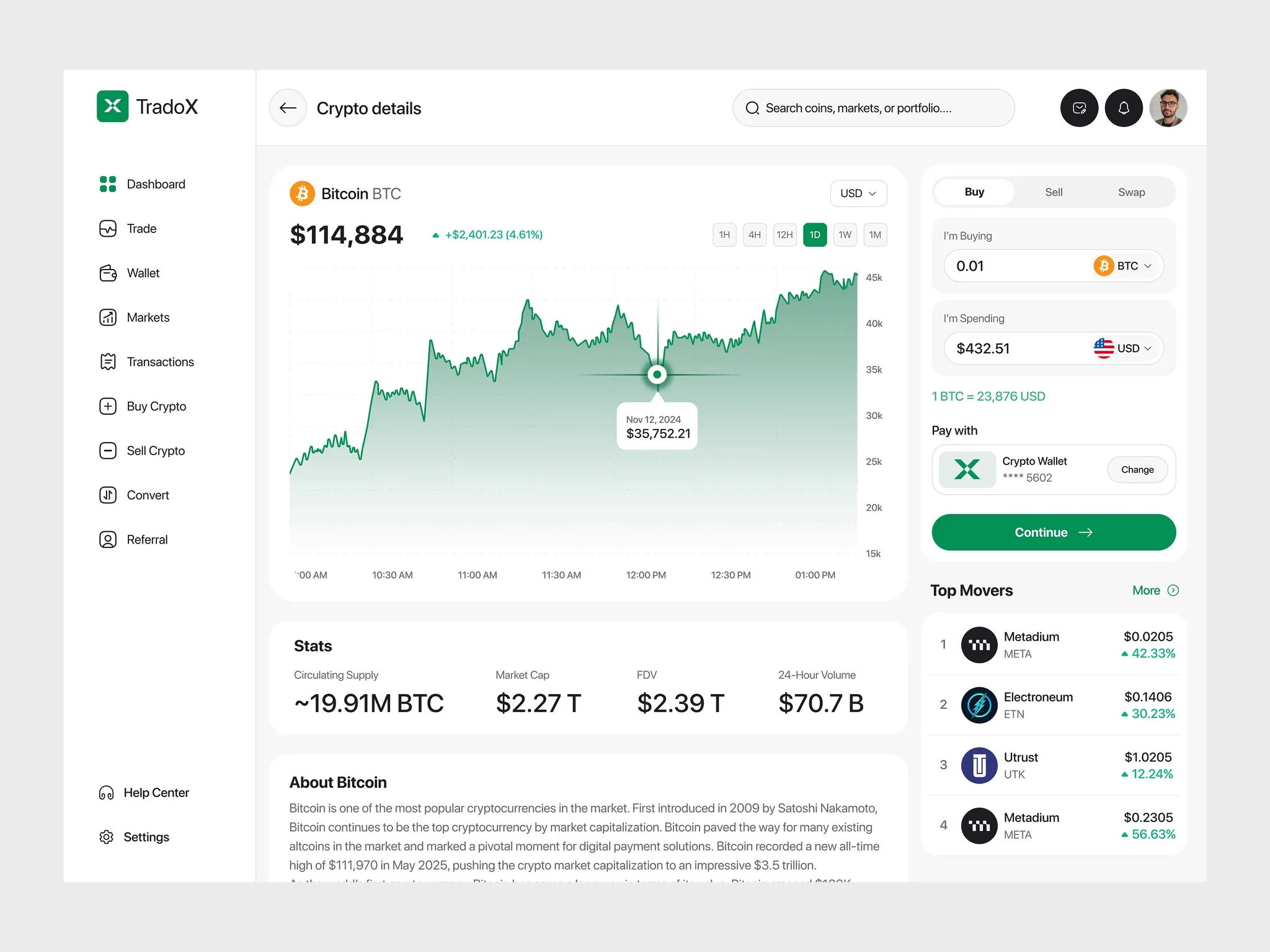 크립토 트레이딩 대시보드 — 코인 상세 차트와 매수 패널