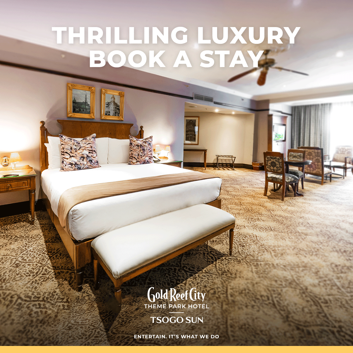 Enjoy Pure Southern Hospitality when you check into the Gold Reef City Theme Park Hotel 🛏️ Where well-deserved rest is met with pillows as plush as the adventures are wild!
Retreat to your luxurious en-suite room, taste sizzling flavours at various restaurants, enjoy dazzling