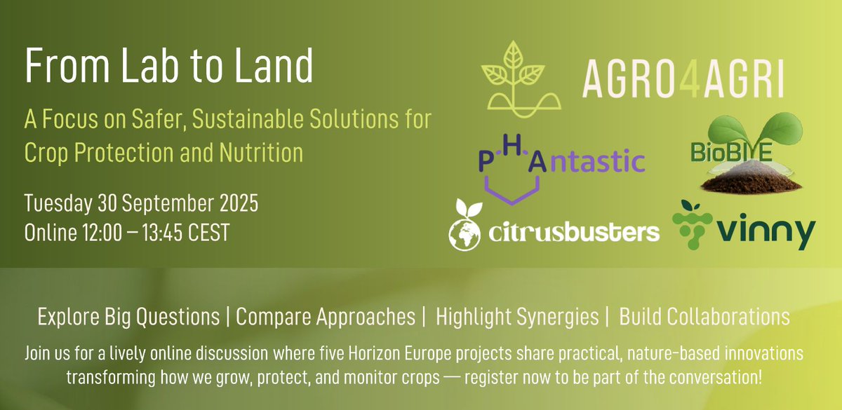 AGRO4AGRI's tweet photo. Last weeks to register for our webinar #FromLabToLand⌛️⌛️ Join experts from #AGRO4AGRI, @BiobiveProject, @Citrusbusters, #PHAntastic, and @VINNY_project_ to discuss new safe and sustainable solutions for crop protection and nutrition. Register now at 🔗https://t.co/R68YhgvltI https://t.co/pGpjwmXhrG