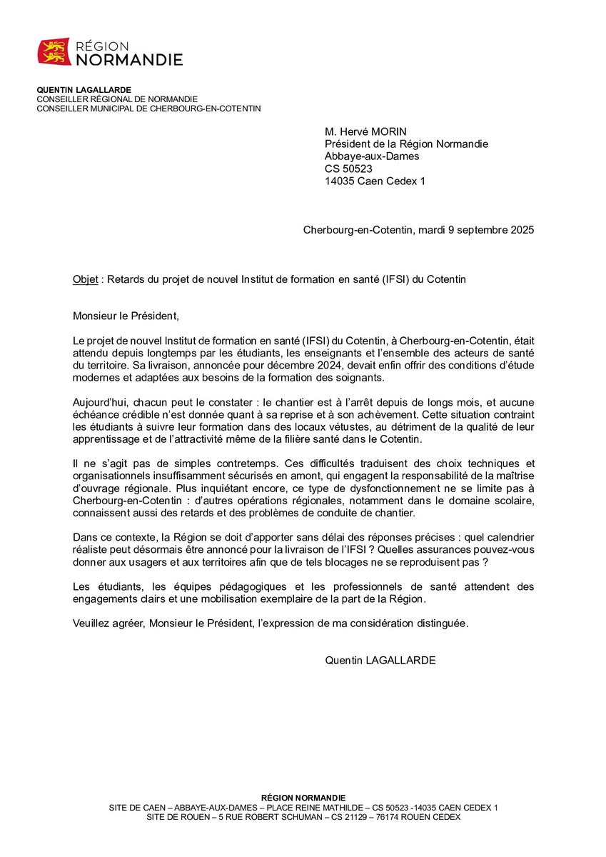 ✉️ J’ai interpellé Hervé Morin sur les retards du nouvel IFSI du Cotentin. 
La Région doit des réponses claires et des garanties sur les délais. ⬇️