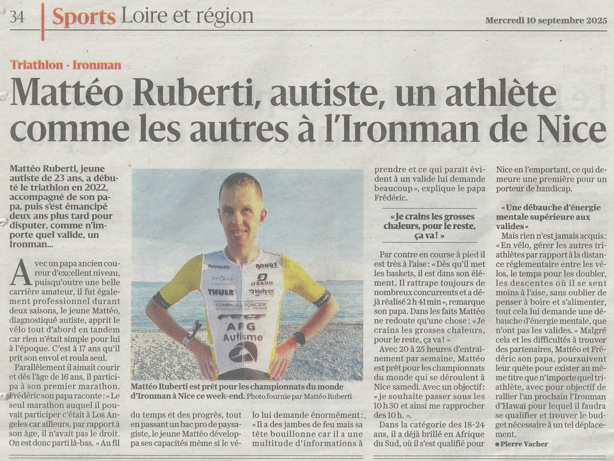FredRuberti's tweet photo. Aujourd'hui c'est dans le journal @Leprogresloire  que vous pouvez retrouver Mattéo 😁
@Ironman_France  @IRONMANtri  
#autismismysuperpower #autisme #autiste #paratriathlon #paratriathlete #ironman #triathlon #IRONMANtri https://t.co/IRDryFOSQy