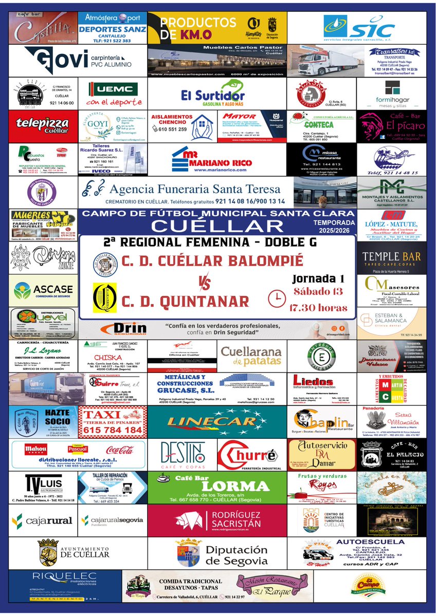 CD Cuéllar Balompié (@cd_cuellar) on Twitter photo LIGA #SF 🔵⚽️ | Arranca la Liga en Doble G
🏆 Jornada 1 - Cuéllar Santa Teresa - <a href="/cdquintanar/">CD Quintanar Palacio</a>
⏰ Sábado 13 - 17:30 horas
🏟️ C.M. Santa Clara LIGA #SF 🔵⚽️ | Arranca la Liga en Doble G
🏆 Jornada 1 - Cuéllar Santa Teresa - <a href="/cdquintanar/">CD Quintanar Palacio</a>
⏰ Sábado 13 - 17:30 horas
🏟️ C.M. Santa Clara