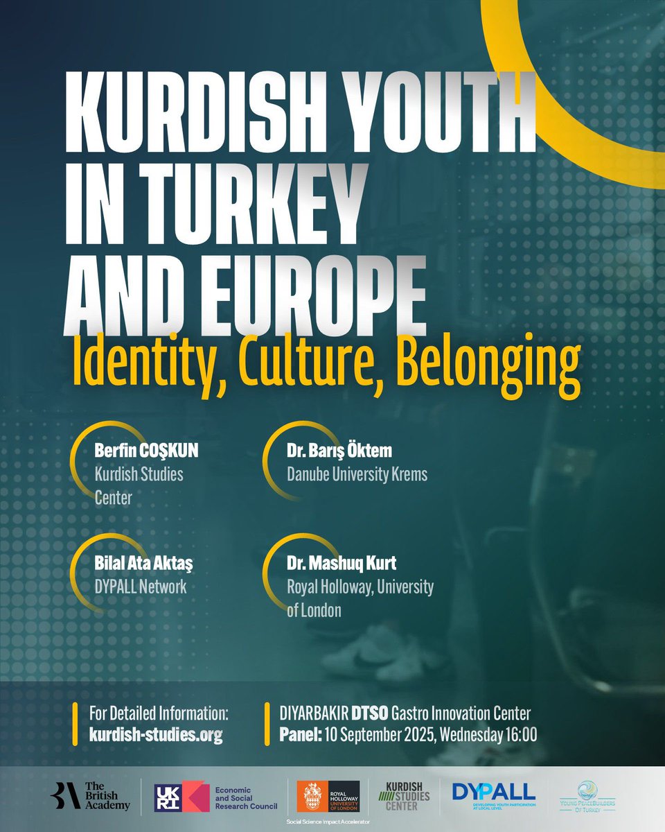 Kurdish Studies Center (KSC) (@kurdishstudiesc) on Twitter photo <a href="/DiyarTSO/">DTSO</a> <a href="/ruhavi/">reha ruhavioğlu.</a> <a href="/rberfincoskun/">Berfin Coşkun</a> <a href="/mimkurd/">M. Mashuq Kurt</a> <a href="/BritishAcademy_/">The British Academy</a> <a href="/ESRC/">Economic and Social Research Council</a> <a href="/RHUL_Law/">Royal Holloway Law and Criminology</a> <a href="/YPTurkey/">Young Peacebuilders of Turkey</a> We are taking a short break before the afternoon program.
📍Our public panel “Kurdish Youth in Turkey and Europe: Identity, Culture, Belonging” will start at 16:00 at the DTSO Gastro-Innovation Center, <a href="/DiyarTSO/">DTSO</a>.
🔗You can register to join via this link: <a href="/DiyarTSO/">DTSO</a> <a href="/ruhavi/">reha ruhavioğlu.</a> <a href="/rberfincoskun/">Berfin Coşkun</a> <a href="/mimkurd/">M. Mashuq Kurt</a> <a href="/BritishAcademy_/">The British Academy</a> <a href="/ESRC/">Economic and Social Research Council</a> <a href="/RHUL_Law/">Royal Holloway Law and Criminology</a> <a href="/YPTurkey/">Young Peacebuilders of Turkey</a> We are taking a short break before the afternoon program.
📍Our public panel “Kurdish Youth in Turkey and Europe: Identity, Culture, Belonging” will start at 16:00 at the DTSO Gastro-Innovation Center, <a href="/DiyarTSO/">DTSO</a>.
🔗You can register to join via this link: