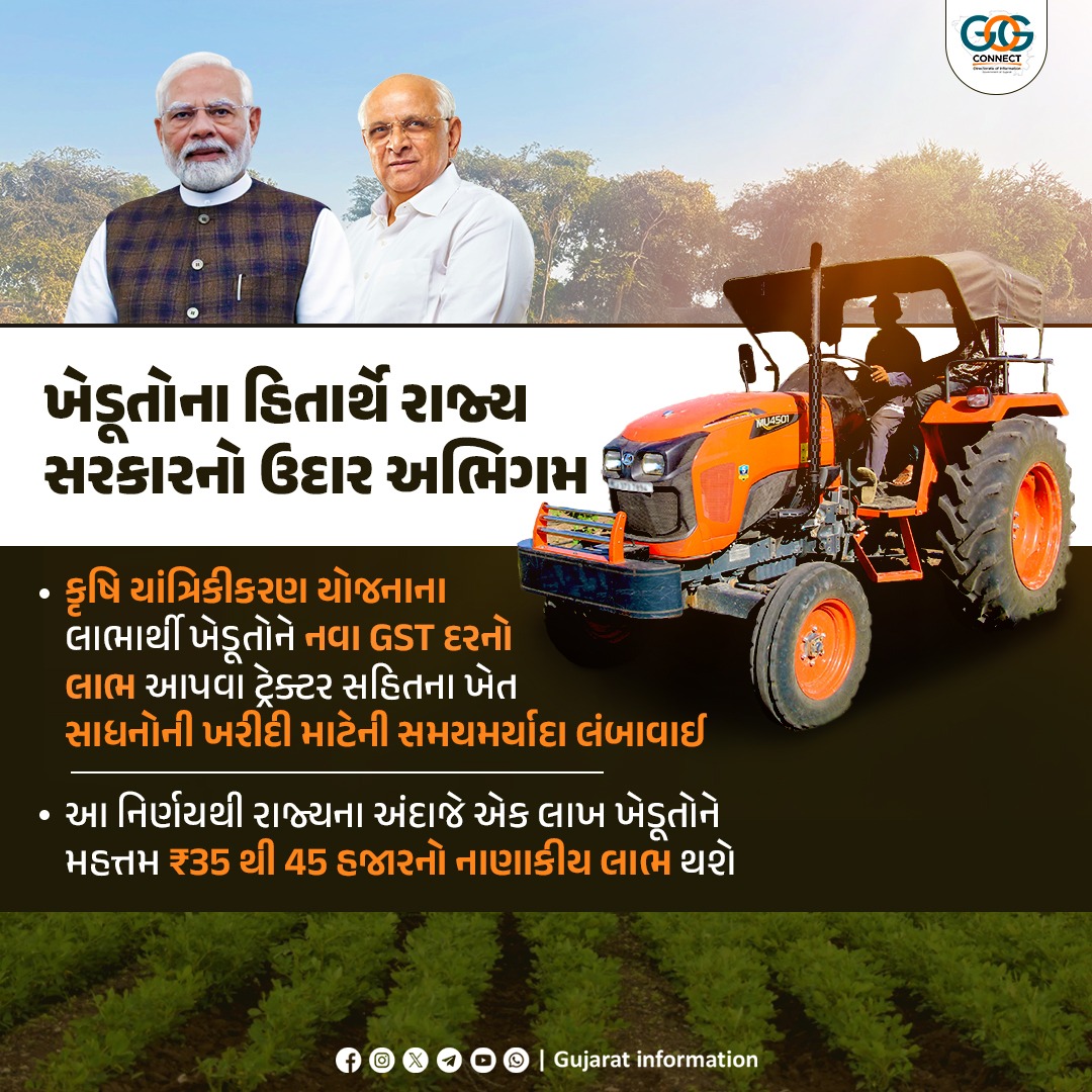 InfoGujarat's tweet photo. રાજ્યની કૃષિ યાંત્રિકીકરણ યોજના હેઠળ સહાય મેળવતા મહત્તમ ખેડૂતોને GSTના નવા દરનો પણ લાભ મળે તે માટે રાજ્ય સરકારનો ખેડૂત હિતલક્ષી નિર્ણય...

નવા GST દરનો અમલ તા. 22 સપ્ટેમ્બરથી થવાનો હોવાથી ખરીદીની સમયમર્યાદા નવા દરના અમલથી આગામી 30 દિવસ સુધી લંબાવવામાં આવી છે : કૃષિ મંત્રી શ્રી રાઘવજી પટેલ

#FarmerWelfare #GSTReforms #Agriculture #NextGenGSTReforms