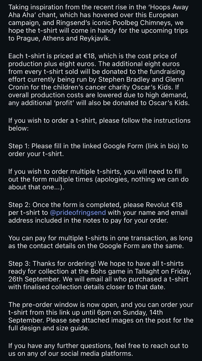 We are excited to mark European qualification with the release of a special limited-edition t-shirt☘️

All profits will be donated to Stephen Bradley &amp; Glenn Cronin’s Dublin Marathon fundraising efforts, in aid of children’s cancer charity, Oscar’s Kids.

forms.gle/bFiakBQMZkeHsu…