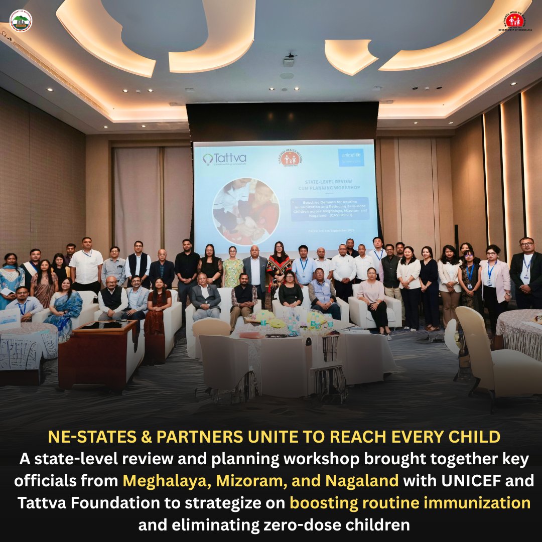 meghalayahealth's tweet image. Collaborative Push for Immunization: NE States &amp;amp; Partners Unite to Reach Every Child
A state-level review and planning workshop brought together key officials from Meghalaya, Mizoram &amp;amp; Nagaland with @UNICEFIndia &amp;amp; Tattva Foundation to strategize on boosting #RoutineImmunization.