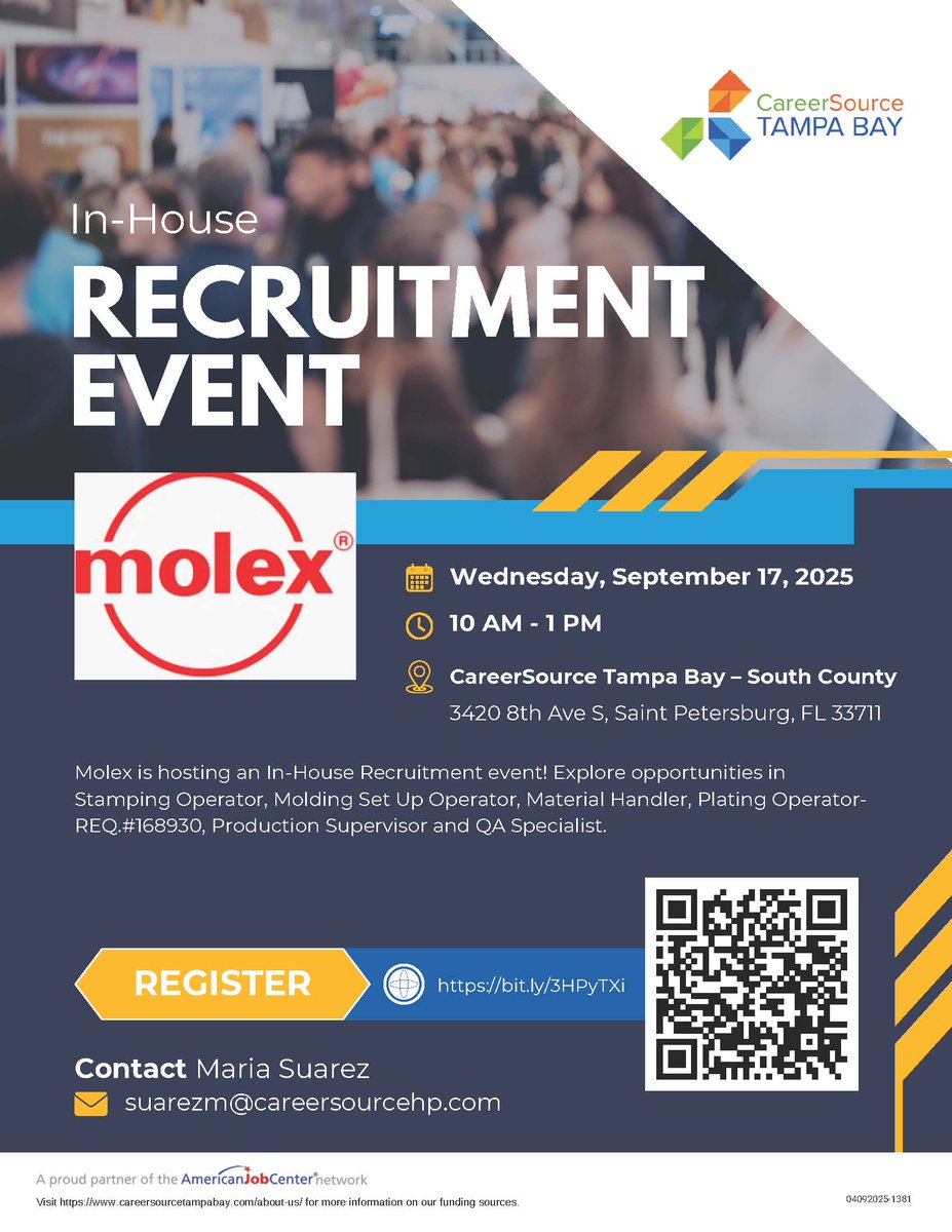 Join us for the Molex In-House Recruitment Event and explore career opportunities.

Hiring for:
🔹 Stamping Operator
🔹 Molding Set Up Operator
🔹 Material Handler
🔹 Plating Operator – REQ.#168930
🔹 Production Supervisor
🔹 QA Specialist

✅ Register: careersourcetampabay.com/events/molex-h…