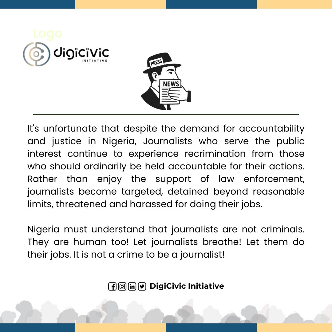 When truth-tellers are caged, society suffocates. Journalists are not criminals, they are human too. Nigeria must protect press freedom, not persecute it.  #LetJournalistsBreathe #journalismisnotacrime