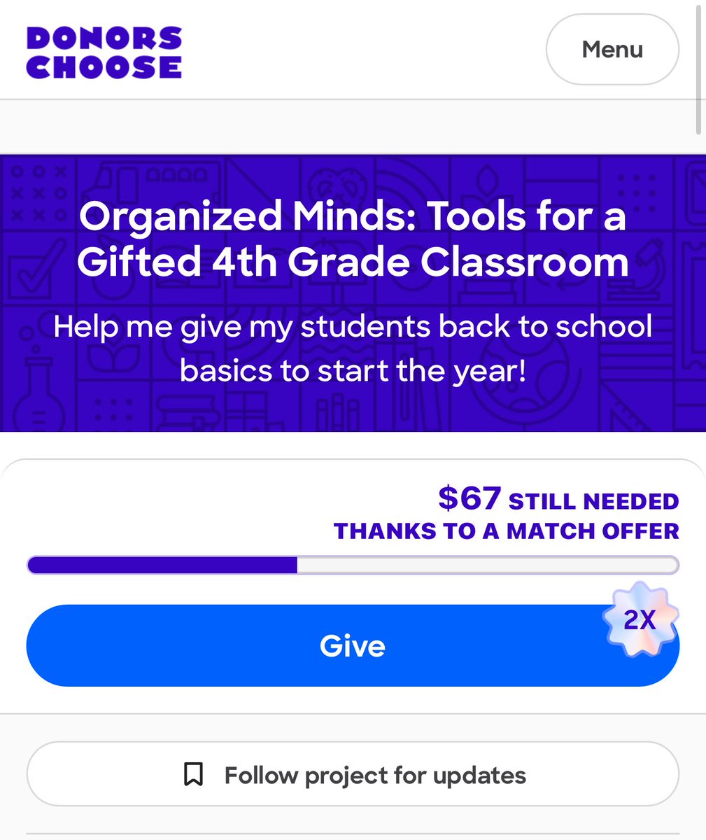 Donations to <a href="/DonorsChoose/">DonorsChoose</a> project are being matched! Only $67 to go! Please consider supporting my classroom. 🍎

Link: 🔗 ⬇️

Help me give my students back to school basics to start the year! secure.donorschoose.org/project/organi…

#clearthelist #teacher #donorschoose