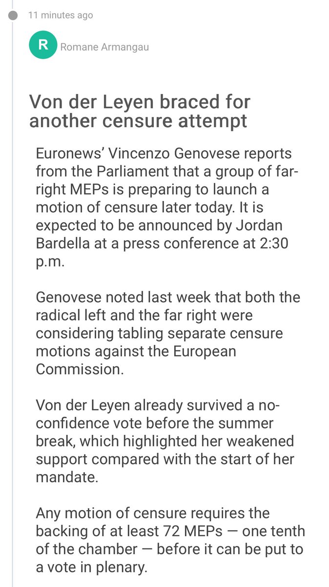 Scoop ‼️ The far-right <a href="/PatriotsEU/">Patriots.eu</a> group has gathered the necessary 72 signatures to file a new motion of censure against the EU Commission. 

Follow <a href="/euronews/">euronews</a> live blog for more updates and insights!