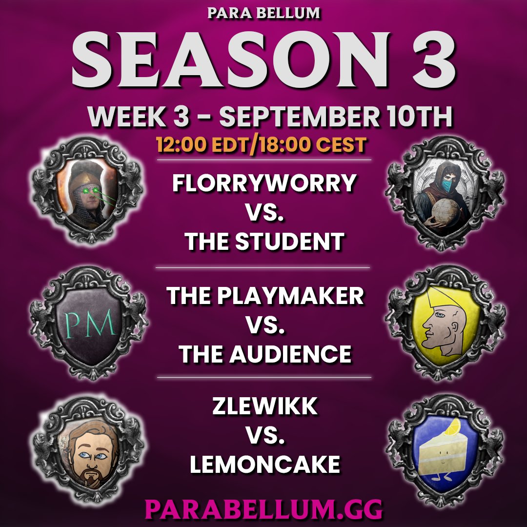 ParaBellumCorp's tweet image. Our matches for tonight! Week 3 LIVE on Youtube and Twitch parabellum.gg