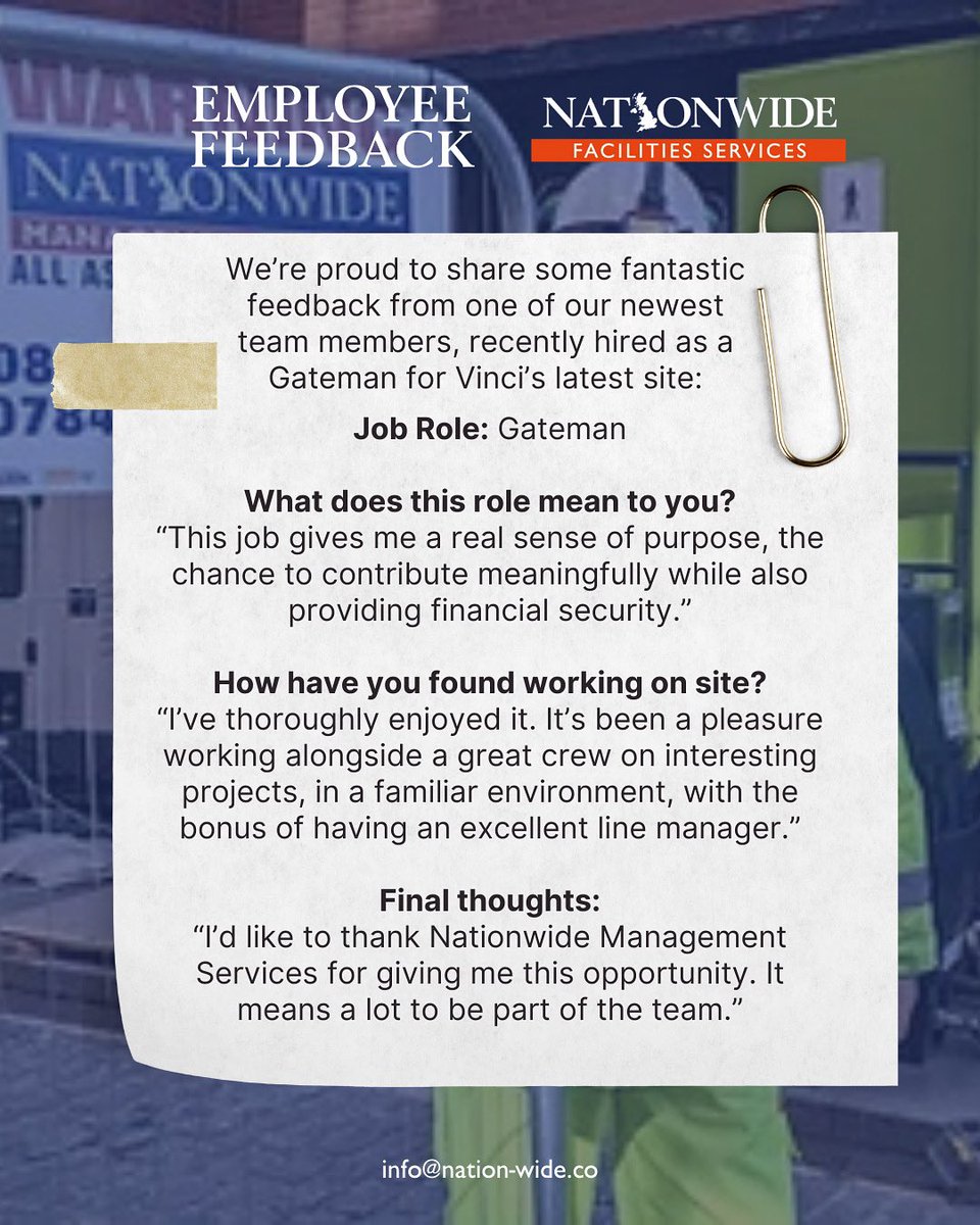 Great to see such positive feedback from one of our newest Gatemen, recently placed on Vinci’s latest site 🙌

He describes the role as giving him purpose, financial security &amp; the chance to contribute meaningfully.

Proud to connect people with opportunities that matter 💙
