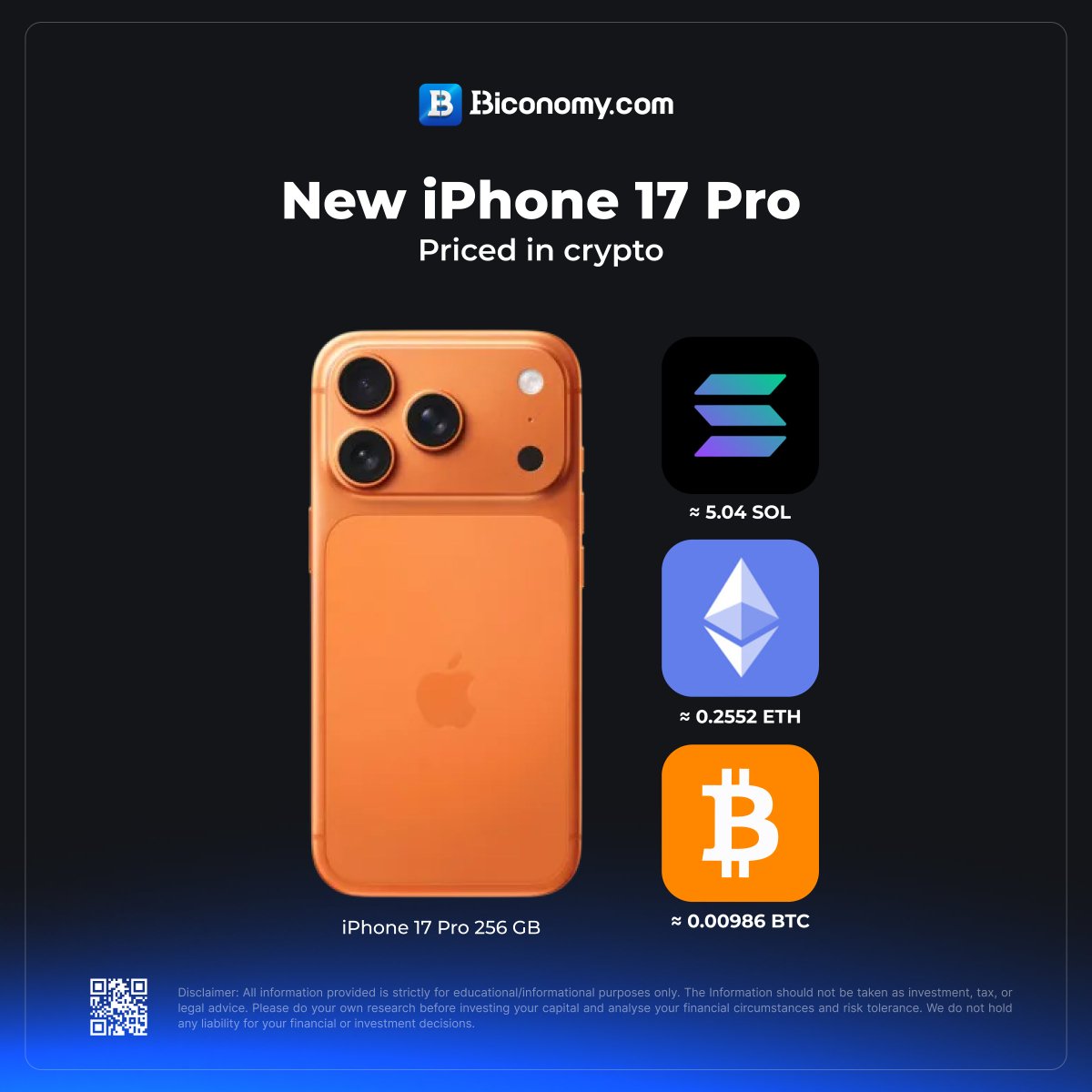 iPhone 17 Pro priced in crypto 📱 The new iPhone 17 Pro (256 GB) — now  priced in crypto! 💎 ≈ 5.04 $SOL 💎 ≈ 0.2552 $ETH 💎 ≈ 0.00986 $BTC Would  you buy the latest iPhone with crypto? 🚀 #BiconomyCom #iPhone17Pro #Crypto