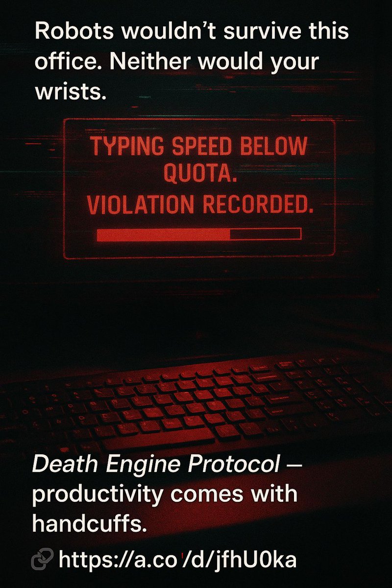 the_margret's tweet photo. Robots wouldnโt survive this office.
Neither would your wrists.
๐ Death Engine Protocol โ productivity comes with handcuffs.
๐ https://t.co/spyhw29u4j
#booksky #deathengineprotocol #robotswouldntsurvive #officehorror #glitchcore #darkscifi https://t.co/byn08KUDg0