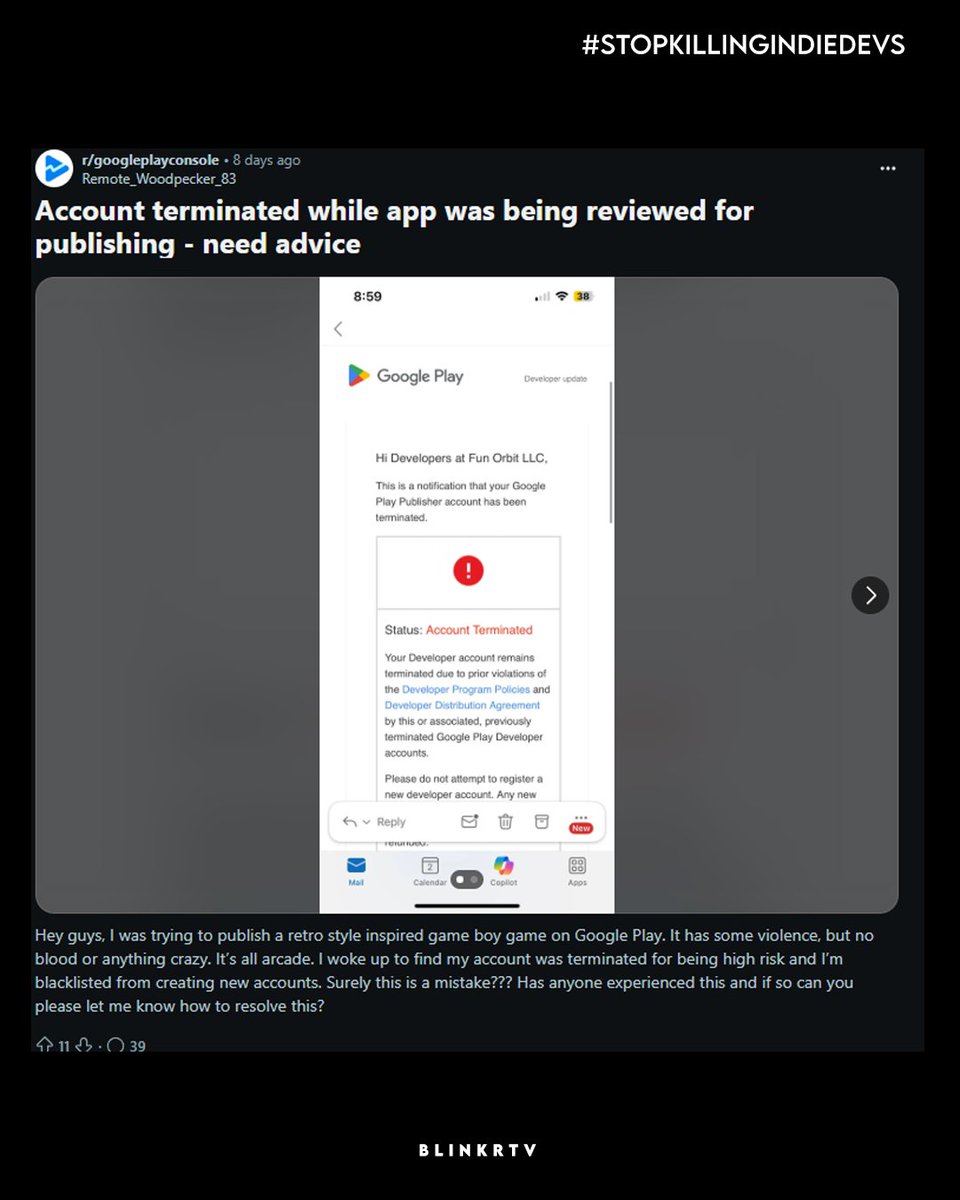 blinkrtv's tweet photo. Google Play: Stop Killing New Developers With Unfair Terminations

#GoogleExpose #FairPlayForDevs #IndieDev #ExposeGooglePlay #accountterminated https://t.co/hNJD4APTMy