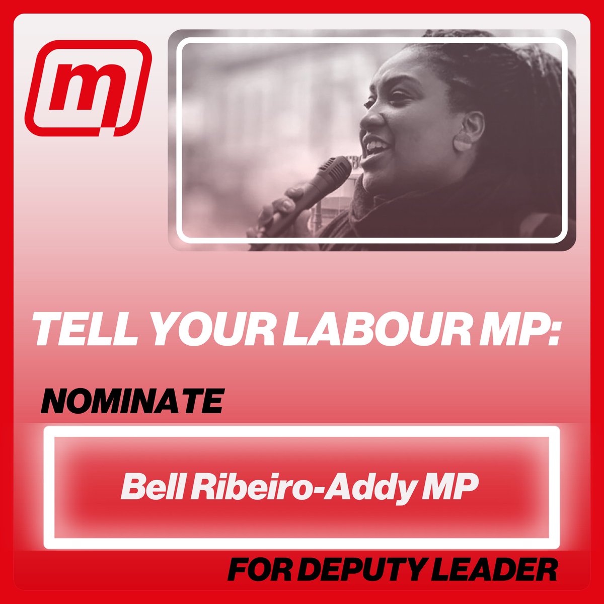 Momentum 🌹 (@peoplesmomentum) on Twitter photo 🚨🌹 Tell your MP: Nominate <a href="/BellRibeiroAddy/">Bell Ribeiro-Addy MP</a> for Deputy Labour Leader
We're urging Labour MPs to nominate Bell as Deputy Leader to ensure a proper debate about the Party’s future.
Want to see Bell make it to the next round? Use our lobbying tool:
▶️ mtm.is/nominatebell 🚨🌹 Tell your MP: Nominate <a href="/BellRibeiroAddy/">Bell Ribeiro-Addy MP</a> for Deputy Labour Leader
We're urging Labour MPs to nominate Bell as Deputy Leader to ensure a proper debate about the Party’s future.
Want to see Bell make it to the next round? Use our lobbying tool:
▶️ mtm.is/nominatebell