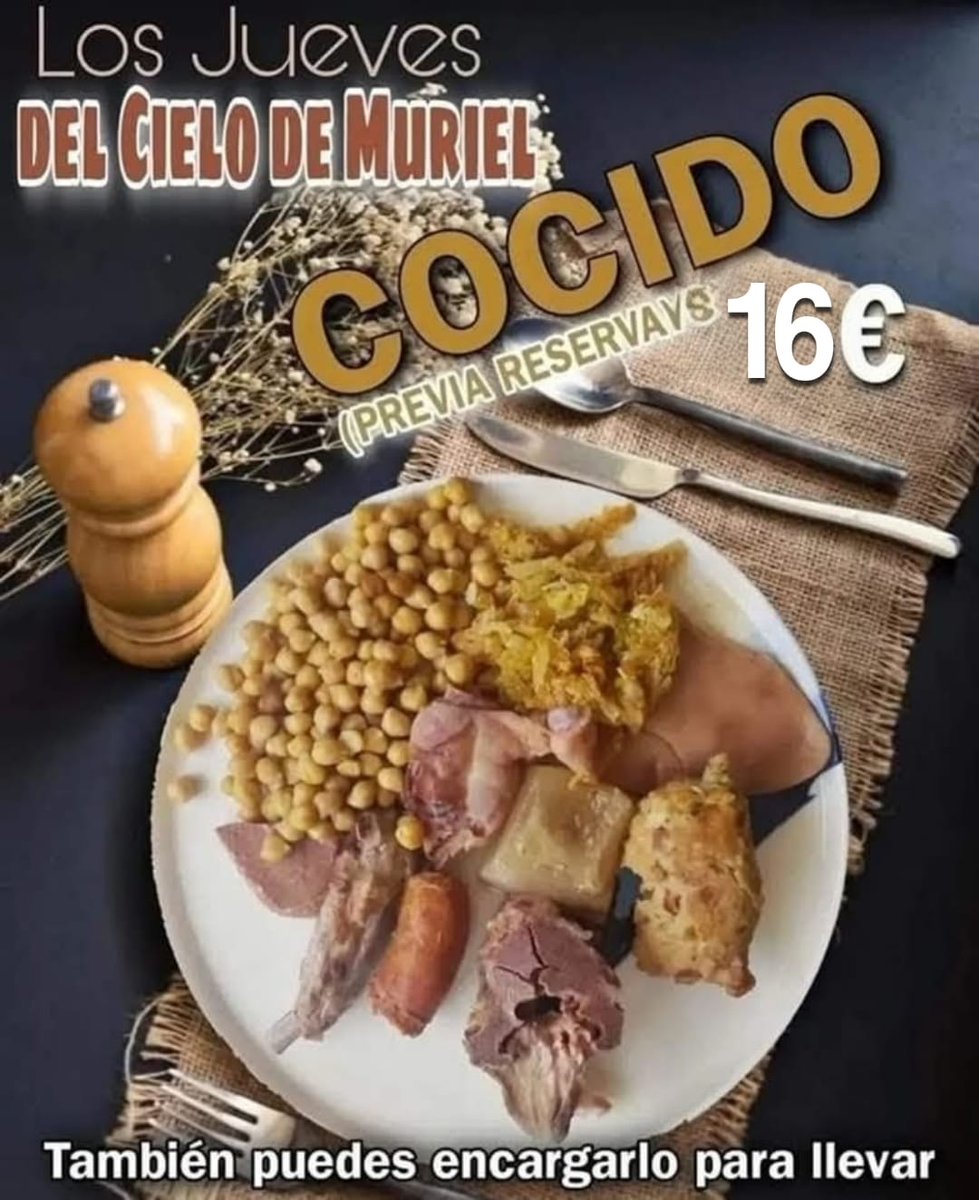 Vuelve nuestro clásico más especial, el cocido de los jueves de El Cielo, siempre bajo reserva y con todo el mimo que le ponemos para que nuestros clientes, vosotros, saboreéis esta delicia culinaria.
A partir del jueves 18 de septiembre.
¡Os esperamos!

📞 975 04 00 18