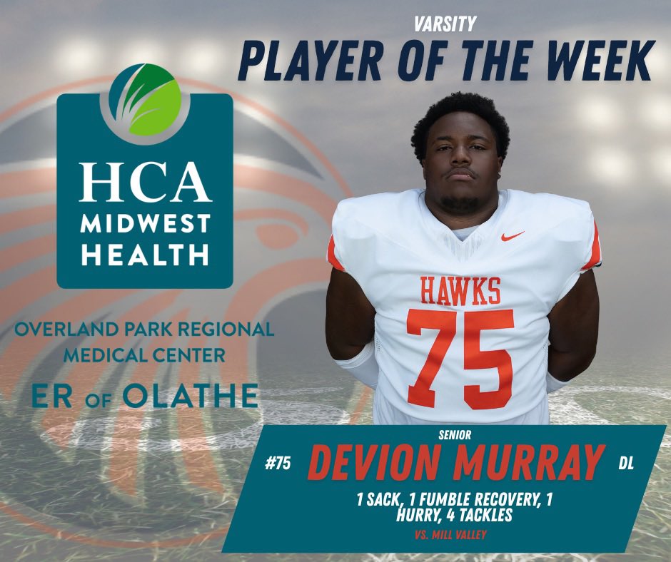 ✨Featured Player of the Week✨
 
Congrats to Devion Murray! <a href="/devionm75/">Devion Murray</a> 

1 Sack | 1 Fumble Recovery | 1 QB Hurry | 4 Tackles

Big impact in a hard-fought game vs. Mill Valley.
Prestenedby <a href="/HCAMidwest/">HCA Midwest Health</a>

#HawkNation #PlayerOfTheWeek