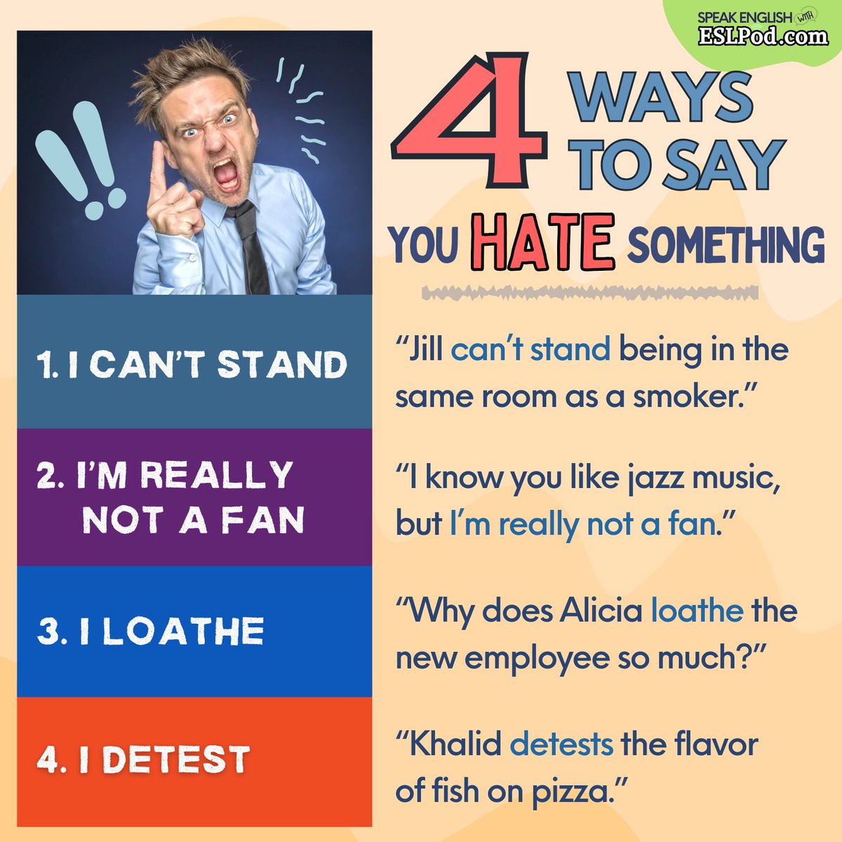 4 WAYS TO SAY YOU REALLY HATE SOMETHING

If you have an iPhone, iPad, or Mac, subscribe to our Apple Podcasts "Speak English with ESLPod.com" here:
podcasts.apple.com/us/podcast/spe…

~Jeff

 #learnenglishonline #englishtips #englishlearning #vocabularybuilding #englishlearning
