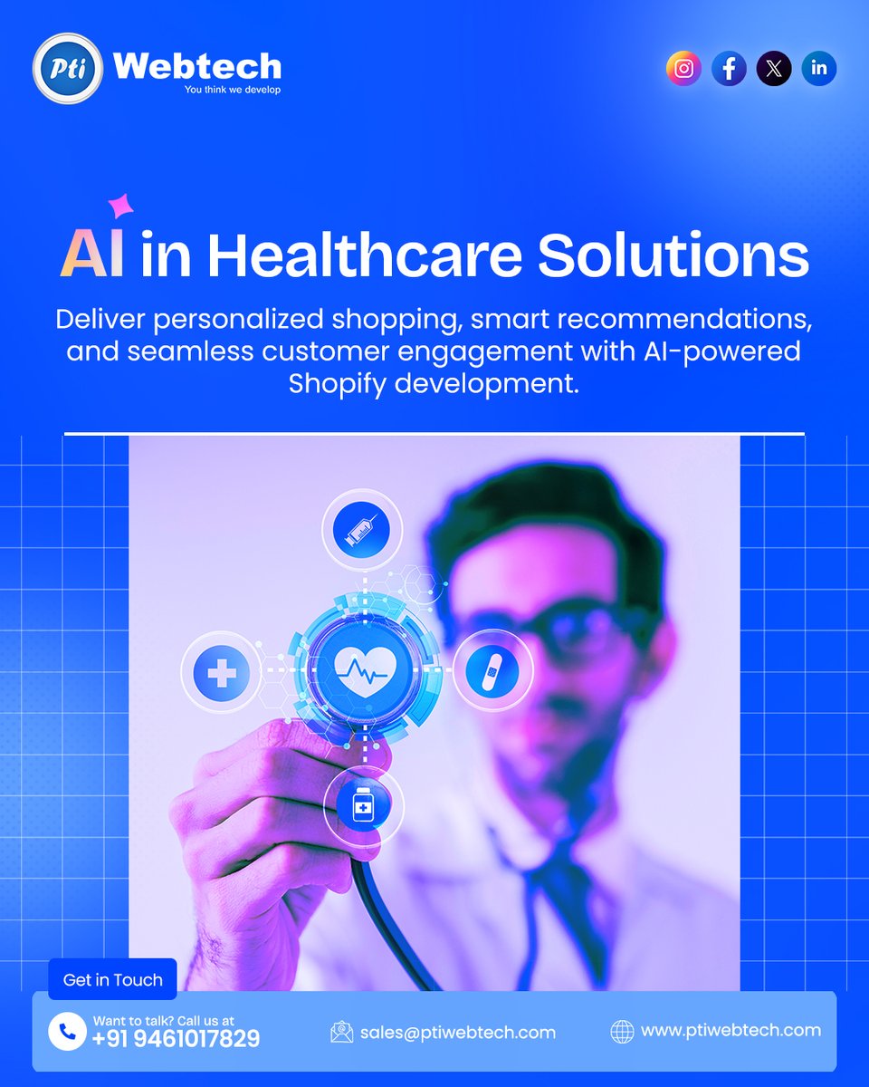 ptiwebtech's tweet image. From faster disease detection to personalized treatment plans, AI in Healthcare Solutions is reshaping the way we care for patients. 
Visit Us - ptiwebtech.com

#ptiwebtech #aiinhealthcare #aiinhealthcaresolutions #healthinsights  #AITrends #TechNewsUpdate