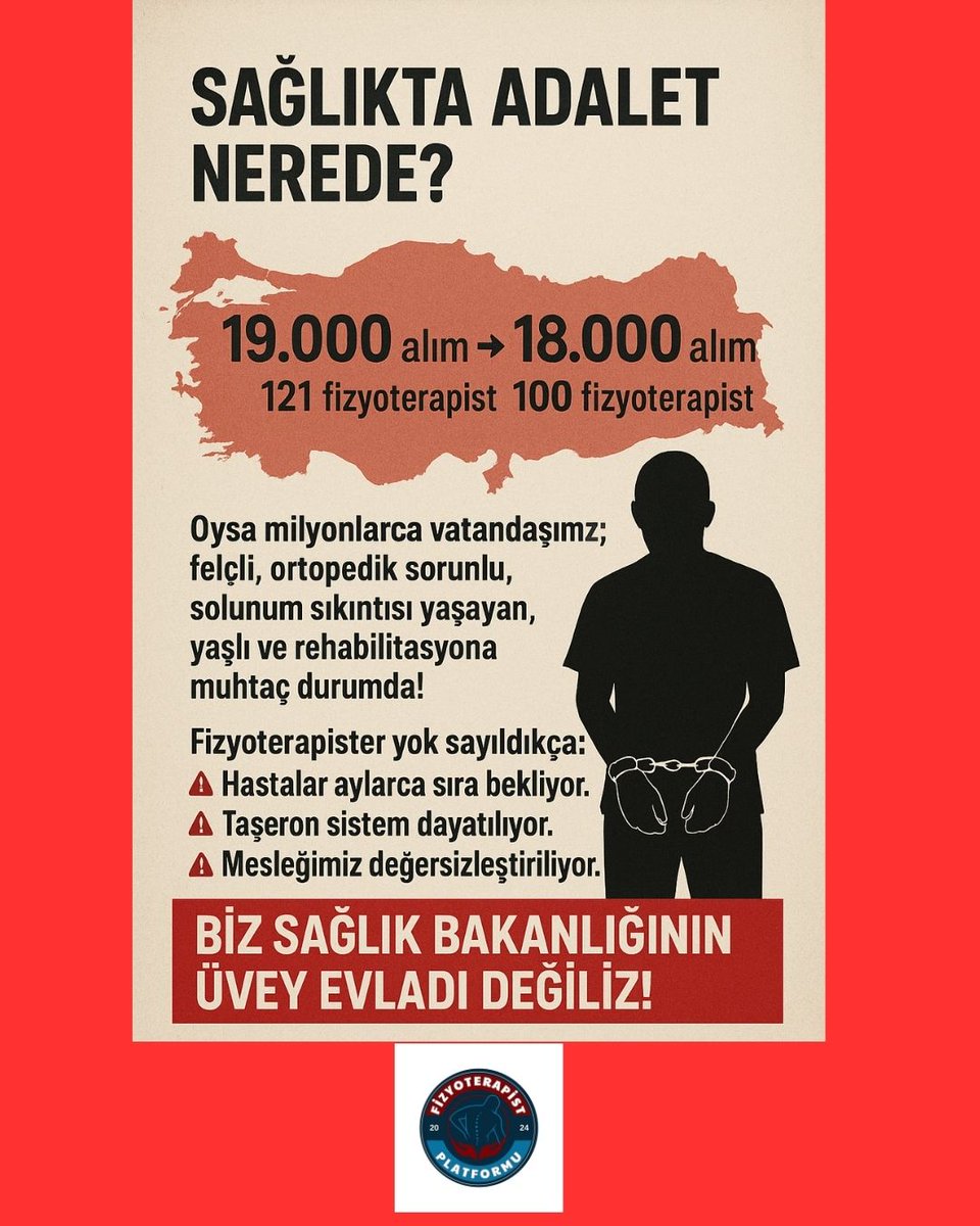 🔴 Sağlıkta Adalet Nerede?

Sayın Bakanım <a href="/drmemisoglu/">Prof. Dr. Kemal Memişoğlu</a>

19 bin kişilik alımda sadece 121 fizyoterapist,
18 bin kişilik alımda ise 100 civarı fizyoterapist…

🔻Oysa milyonlarca vatandaşımız; felçli, ortopedik sorunlu, solunum sıkıntısı yaşayan, yaşlı ve rehabilitasyona muhtaç