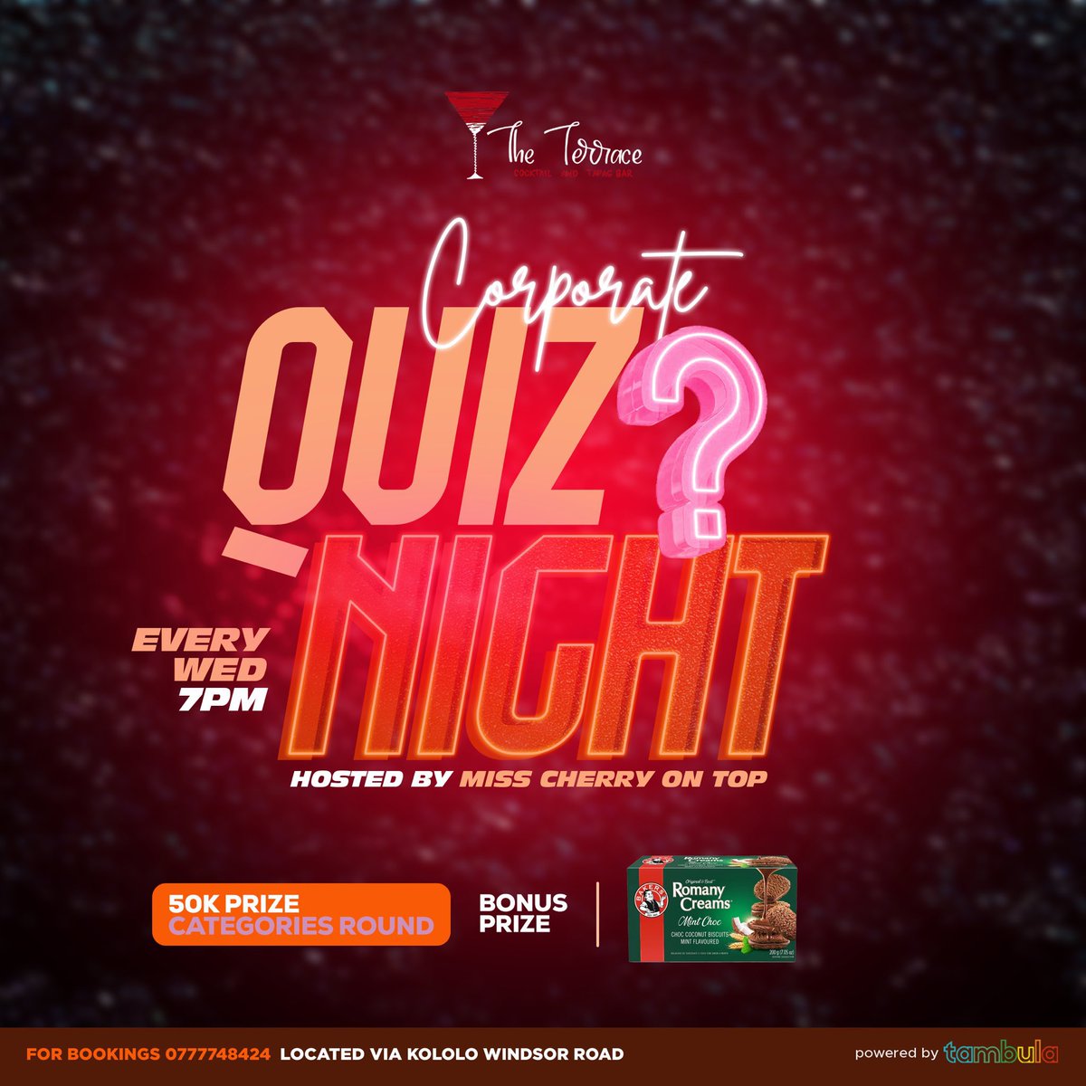 Get ready for an epic Corporate Quiz Night showdown at The Terrace, kicking off at 7 PM with the lively <a href="/on_cheery/">Miss Clara 🇷🇼🇺🇬</a> as your host! Sip on killer cocktail specials, compete for awesome prizes, &amp; go head-to-head with your crew in a battle of wits that’ll keep you buzzing all evening!