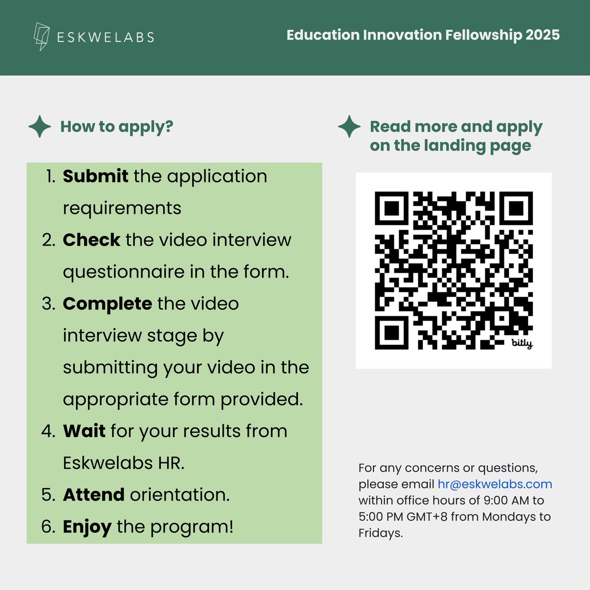 eskwelabs's tweet photo. 📣 Applications are OPEN for Eskwelabs' Education Innovation Fellowship - Cohort 8!

📅 Oct 1 – Dec 12, 2025
🕓 Apply by Sept 24, 2025

Build the future of learning with us. ✨
Scan the QR or visit our page to apply!
#Eskwelabs #EducationInnovationFellowship #EIF #EIFCohort8 https://t.co/CrYP4aTk4J