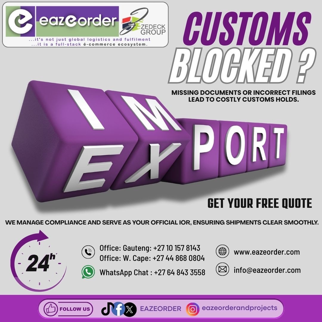 CUSTOMS BLOCKED?
Missing documents or incorrect filings can lead to costly delays.
We handle compliance and act as your official IOR—so your shipments clear smoothly.
💼 Import &amp; Export logistics made simple.
🚀 Get your FREE quote today.
#GlobalLogistics #eazeorder