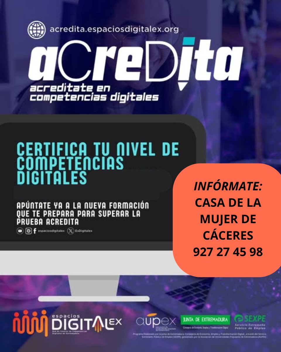 ✨💼¡ᴘᴏᴛᴇɴᴄɪᴀ ᴛᴜs ᴏᴘᴏʀᴛᴜɴɪᴅᴀᴅᴇs ᴅᴇ ᴇᴍᴘʟᴇᴏ ᴄᴏɴ ʟᴏs ɴᴜᴇᴠᴏs ᴛᴀʟʟᴇʀᴇs ᴅᴇ 𝗘𝘀𝗽𝗮𝗰𝗶𝗼𝘀 𝗗𝗶𝗴𝗶𝘁𝗮𝗹𝗲𝘅!

¡Inscríbete y descubre la formación que necesitas!

📍Consulta la programación disponible en tu Espacio Digital: espaciosdigitalex.org/estamos