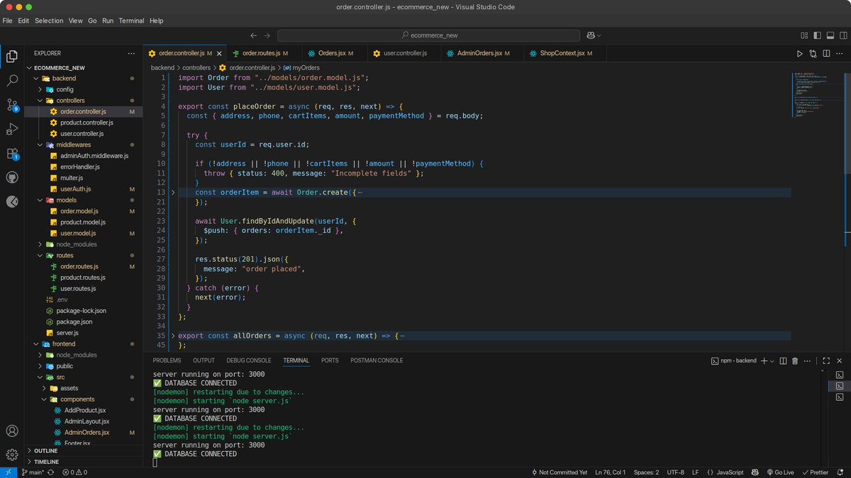 theboringcoder1's tweet image. Day 6 of #100DaysOfCode ๐
Aaj pura error day tha ๐
Fixed a bunch of bugs and worked on the order controller + routes.
Slowly but itโs coming together ๐ป
#MERN #BuildInPublic #BackendDev