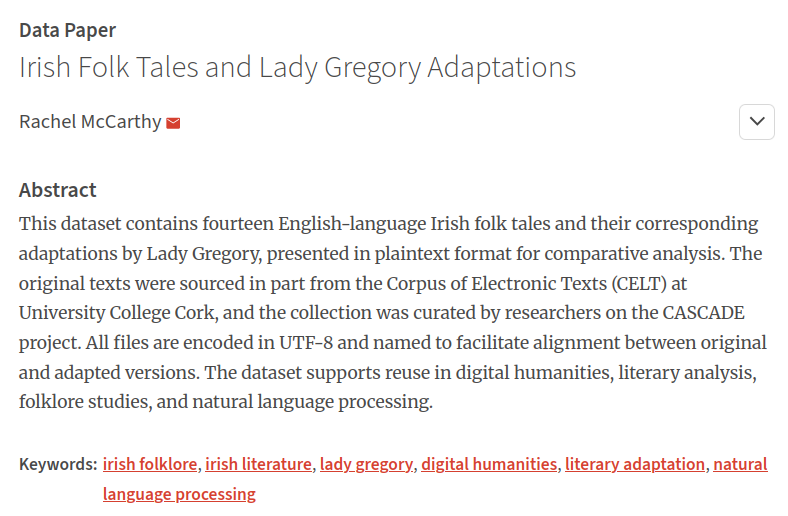 up_johd's tweet photo. #johdpapers
Another #datapaper came out lately📢
 It describes a dataset of 14 English-language Irish folk tales and their adaptations in early 1900

📰"Irish Folk Tales and Lady Gregory Adaptations"
✍️Rachel McCarthy
➡️https://t.co/JUs9lWQTLr

#DH #NLP https://t.co/puvIjqPbwP